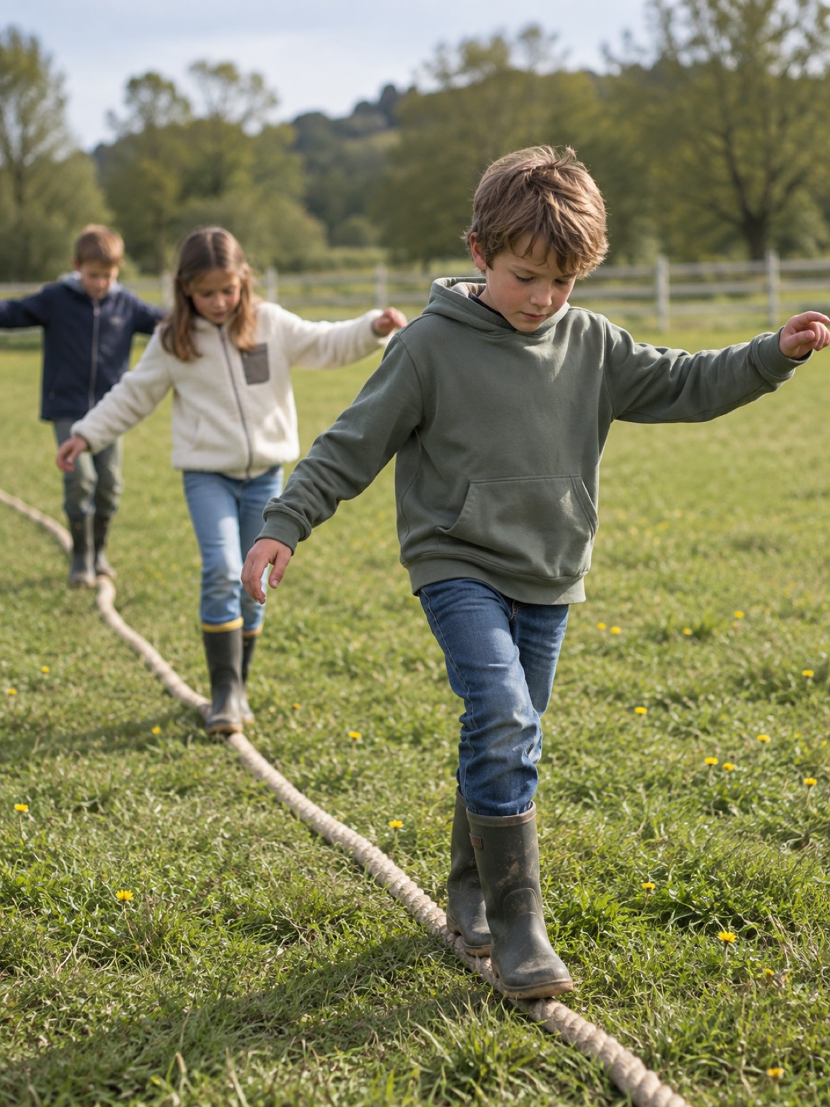 Trois enfants marchant en équilibre sur une corde tendue au sol, dans un pré