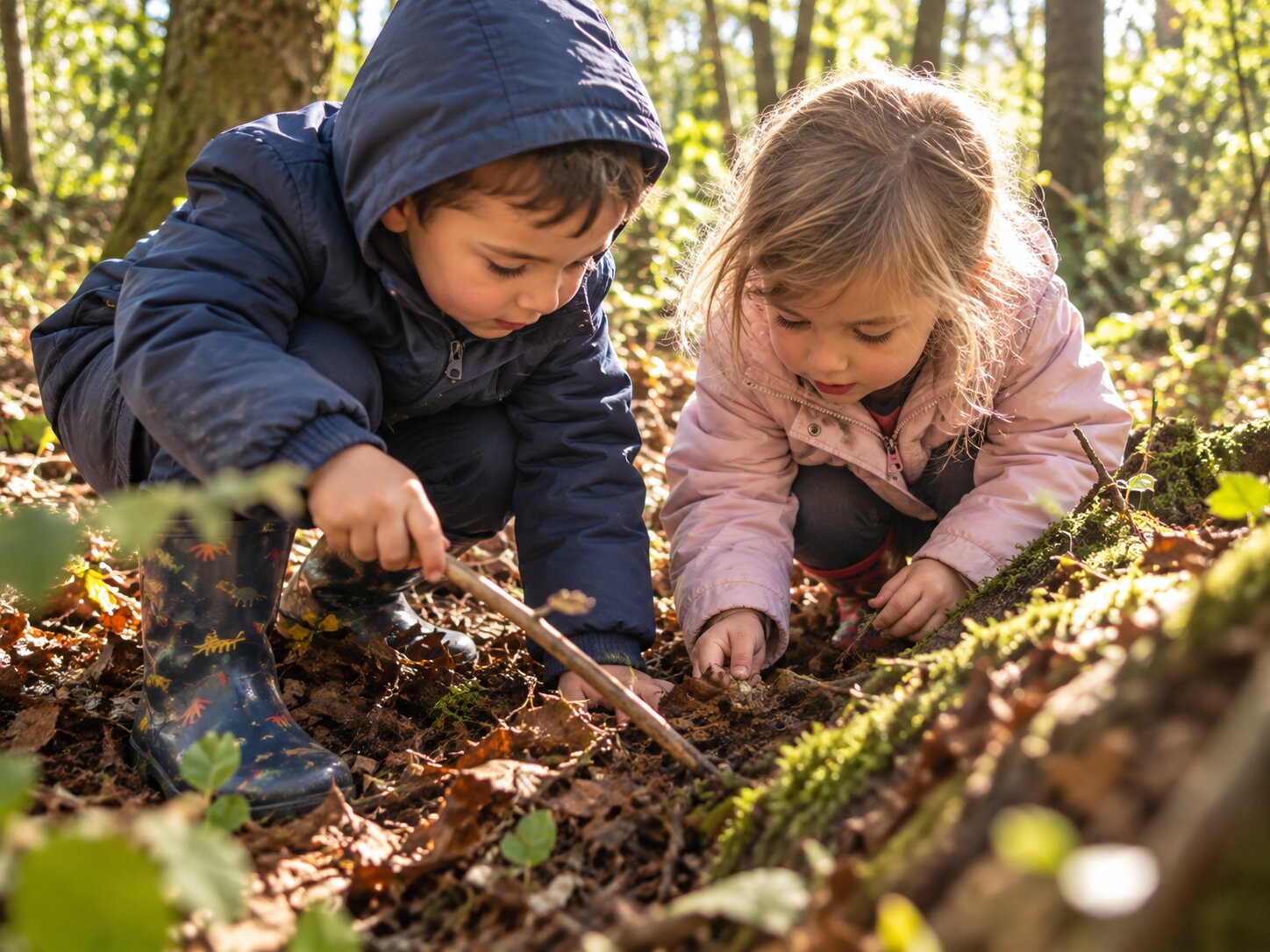 Deux enfants accroupis explorent le sol de la forêt, émerveillés par ce qu'ils y trouvent