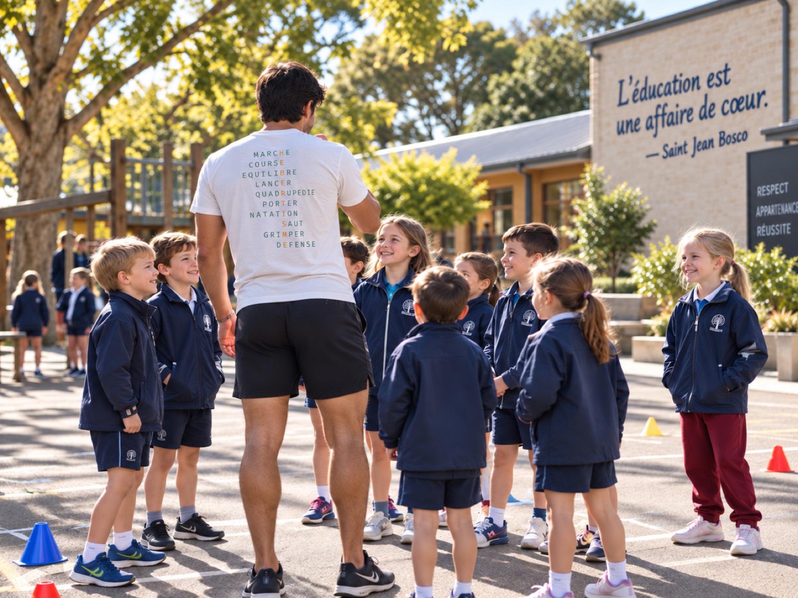 Groupe d'élèves en jogging attentifs face à leur moniteur, dans une cour d'école